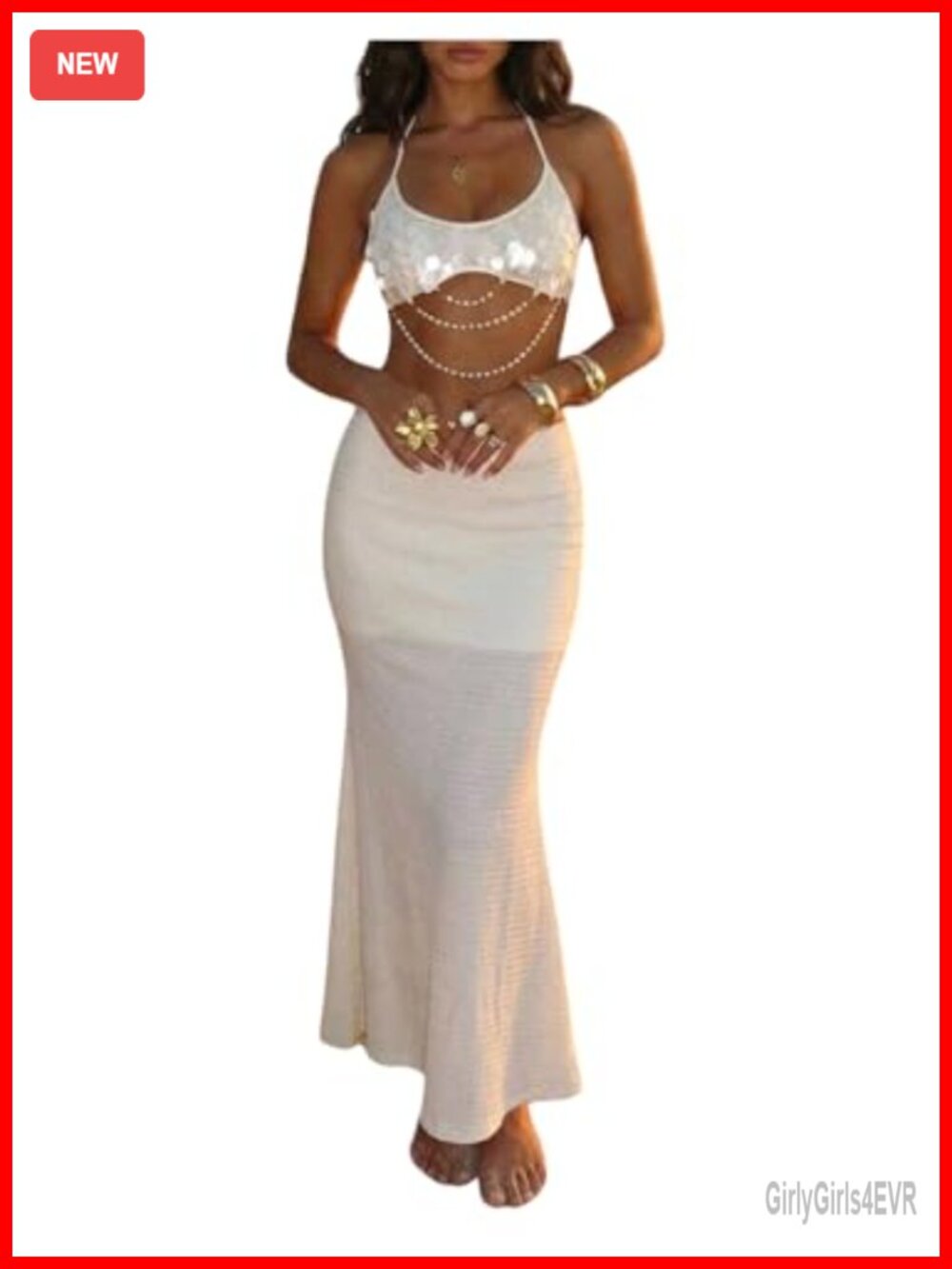 MakeMeChic 2 Piece Sequin Halter Crop Top Fishtail Skirt Set Party Club